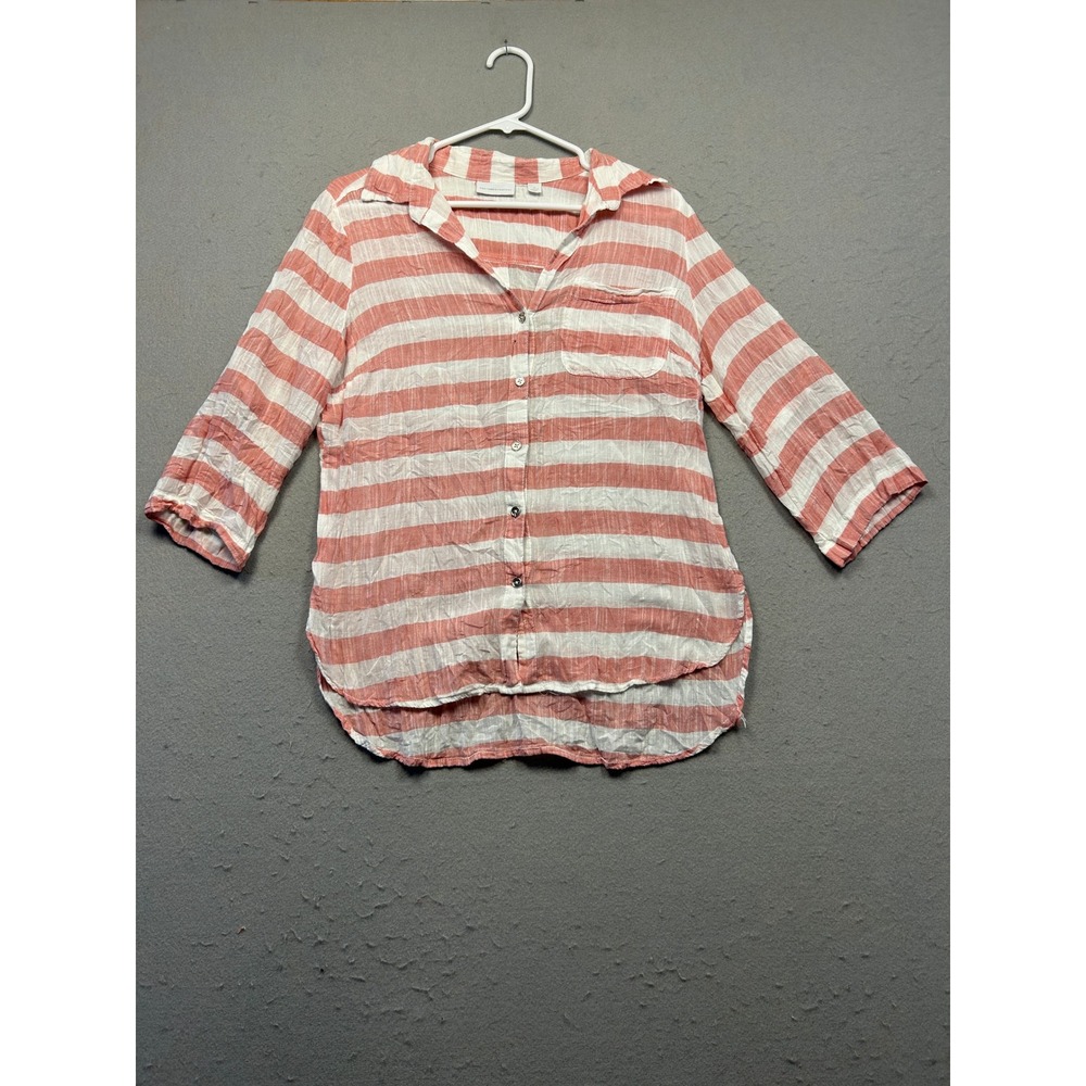 New York & Company Button Up Shirt Striped Pink White Medium Womens